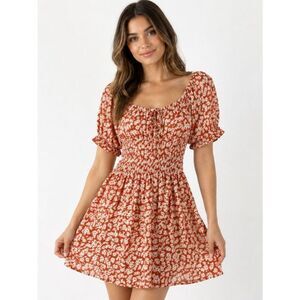 Weekend Los Angeles Orange Daisy Smocked Mini Dress M